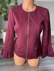 Roz & Ali Maroon Full Zip Blazer Jacket S Bell Sleeve A4