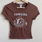 RUE21 Y2K Vibes Brown White Embroidered “Cowgirl” Fitted Short Sleeve Baby Tee