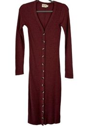 Nation Ltd Sz XS Burgundy Waffle Knit Long Sleeve Button Down Sweater Dress