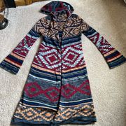 Forever 21 Aztec Print Open Front Knit Long Hooded Duster   Size Small