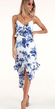 Lulus Blue and White Floral Print Ruffled Midi Dress