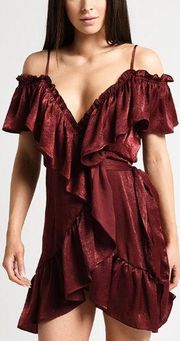 Misa Valerya Ruffle Trim Cold Shoulder Wrap Mini Dress Red Wine Women's Size XS