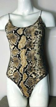 Love J Tan Black Snake Animal Print Strappy Stretchy Scoop Bodysuit Size Large