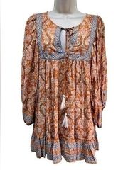 RACHEL ZOE Tunic Peasant Top Orange Blue Rayon Boho Floral Paisley