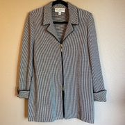 ST. JOHN Size 6 Ivory Black Checked Plaid Zip Front Long Jacket Blazer