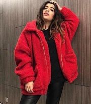 I Am Gia Pixie Oversized Teddy Sherpa Full Zip Jacket Fleece Coat Red Medium