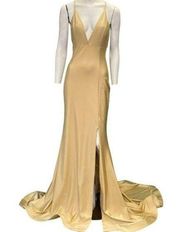 Jessica Angel 510 Cross Back V-Neck High Leg Slit Gown Toffee Size Medium NWT