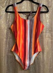 Filly Flair Orange Red Vertical Striped One Piece Swimsuit, M NWOT