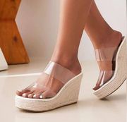 Schutz Arien Mid White Slip On Open Toe Clear Straps Modern Spin Wedges Sandals