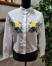 Bleuh Ciel Women's White Floral Polyester Long Sleeve Button Down Shirt Size S