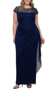 XScape Navy Blue Lace Bodice Ruched Long Maxi Gown Mother of the Bride Dress