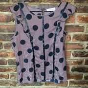 NWT NICHOLAS Pink Black Houndstooth Polka Dot Ruffled Blouse Women's Size Large