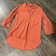 Rust Tunic Size Medium Deep V Button Down Long Sleeved Raw Hem Shirt