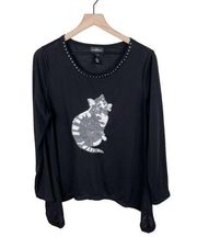 Karen Brooks Black Silver Sequin Cat High Low Hem Scoop Neck Blouse Size Large