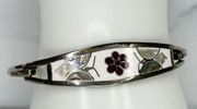 Vintage Mexico Silver Tone Abalone Butterfly Flower Inlay Hinge Bangle Bracelet