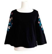 Massimo Dutti Top Sweater Black Floral Embroidered 3/4 Sleeve Top Size Small