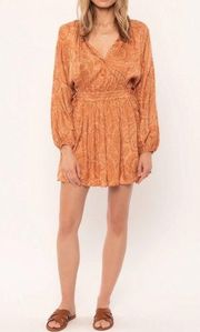 Amuse Society Luciana Orange Paisley Drawstring Waist Long Sleeve Mini Dress