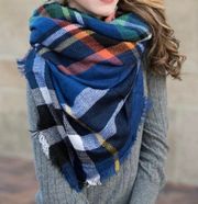 Blue Mixed Tartan Plaid Triangle Wrap Scarf