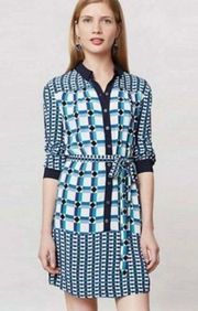 Anthropologie Maeve Geometric Pattern Button Up Dress Mod Pattern Size 10 Blue