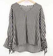 143 STORY by LINEUP Blouse Buffalo Check Ruffle Sleeves Ties Black SZ Small