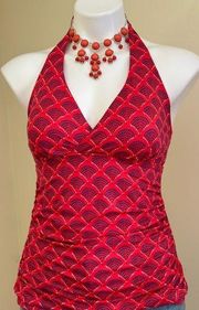 L.L. Bean Tankini Swim Top Tie Neck Coral And Blue Geometric V Neck Sz 10