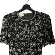 Beaded Top Vintage Laurence Kazar Black Silver and White Pearl, Silk Small Retro