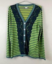 Matilda Jane Green Stripe Cardigan Womens M Ribbon Kidcore Clowncore