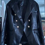 Black Leather Blazer Jacket with Gold Buttons