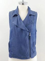 blue chambray asymmetrical zip up vest - collared sleeveless denim top