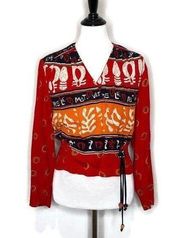 Carole Little Crop Top Tribal Print Vintage Artsy Red Blouse Women Size 4