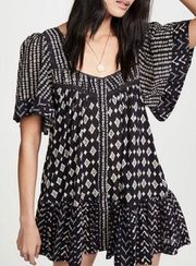 Free People  Hearts Desire Printed Mini Tunic Dress Black Pockets Ruffled XS