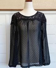 Elle Size Large Black Sheer Floral Lace Polka Dot Round Scoop Neck Blouse Top M