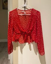 sheer polka dot tie front cropped top