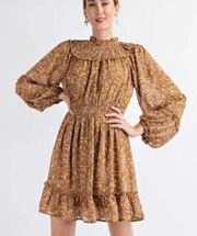 easel  Brand Anthropologie Dress Long Sleeve Camel Floral Fall Large NWT