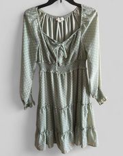 Indigo Rose sage green, sweetheart, tiered and ruffled, polka dot midi dress SM