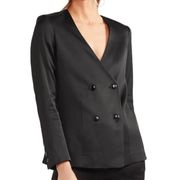 Frame Denim Black Satin Double Breasted Collarless V Neck Tailored Blazer 6