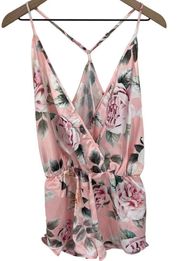 Pink Rose Floral Satin Romper Lingerie Pajamas Size Medium New