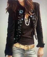 Lucky Brand Womens size XS Floral Embroidered Velour Velvet Jacket Blazer Black