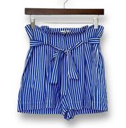 L'AGENCE ALEX Stripe Silk Paperbag Shorts US 2 Blue & White Stripe $355 NWT