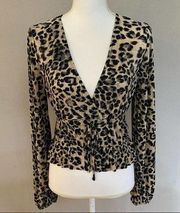 ZARA  Pleated Leopard Print V-neck Faux Wrap Crop Top Long Sleeve Blouse, Small