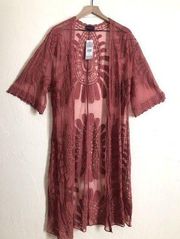 NWT! ARTESIA VINTAGE ROSE PINK SHEER LACE KIMONO DUSTER COVER UP TIE FRONT TOP