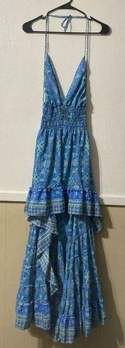 Zury Boho Maxi Dress Womens One Size Blue Tiered Ruffle Tassel High Low Feminine