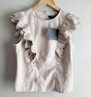 NWT Marc New York Ruffle Trim Faux Leather Sleeveless Top in Latte Beige, Sz XS