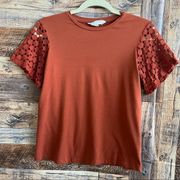 𝅺DOWNEAST boho crocheted top XSmall Orange burnt shirts tee short sleeves