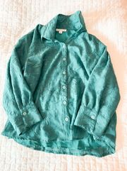 Blue Crinkle Shimmer Button Down Blouse Size Large Petite