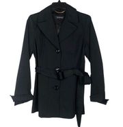 Ellen Tracy Short Trench Style Coat Black Belted Collared Pockets Jacket Small