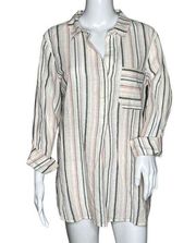 Sanctuary Shirt Womens Large Mila Tunic Top Pink Cream Blue Striped Cotton Linen