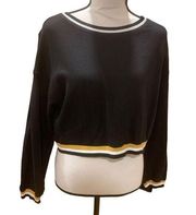 Storia Sweater Slightly Cropped Boat Neck Striped Trim Black White Yellow S NWT