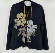 Susan Graver Black Floral Sequin Full Zip Hooded Sweatshirt Large Drawstring