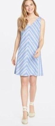 Blue Striped Linen Knot Shoulder Sleeveless V-neck Shift Dress